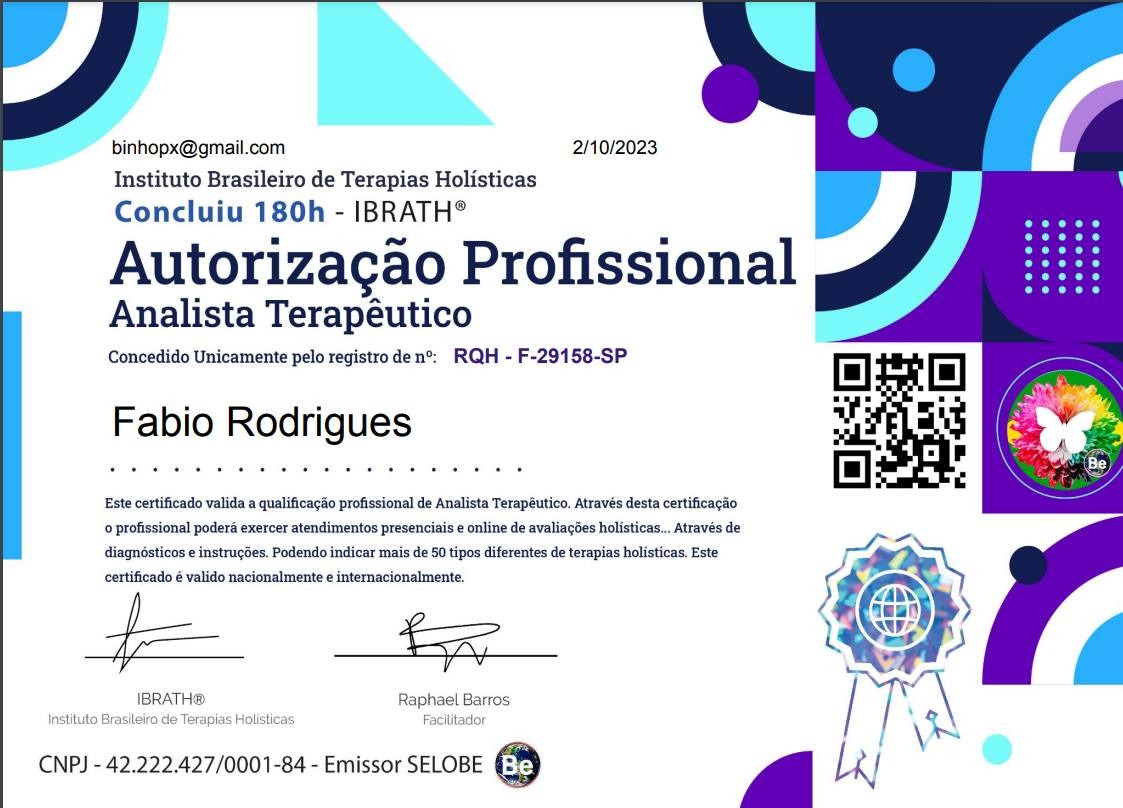 Certificado Autorização Profissional de Terapeuta